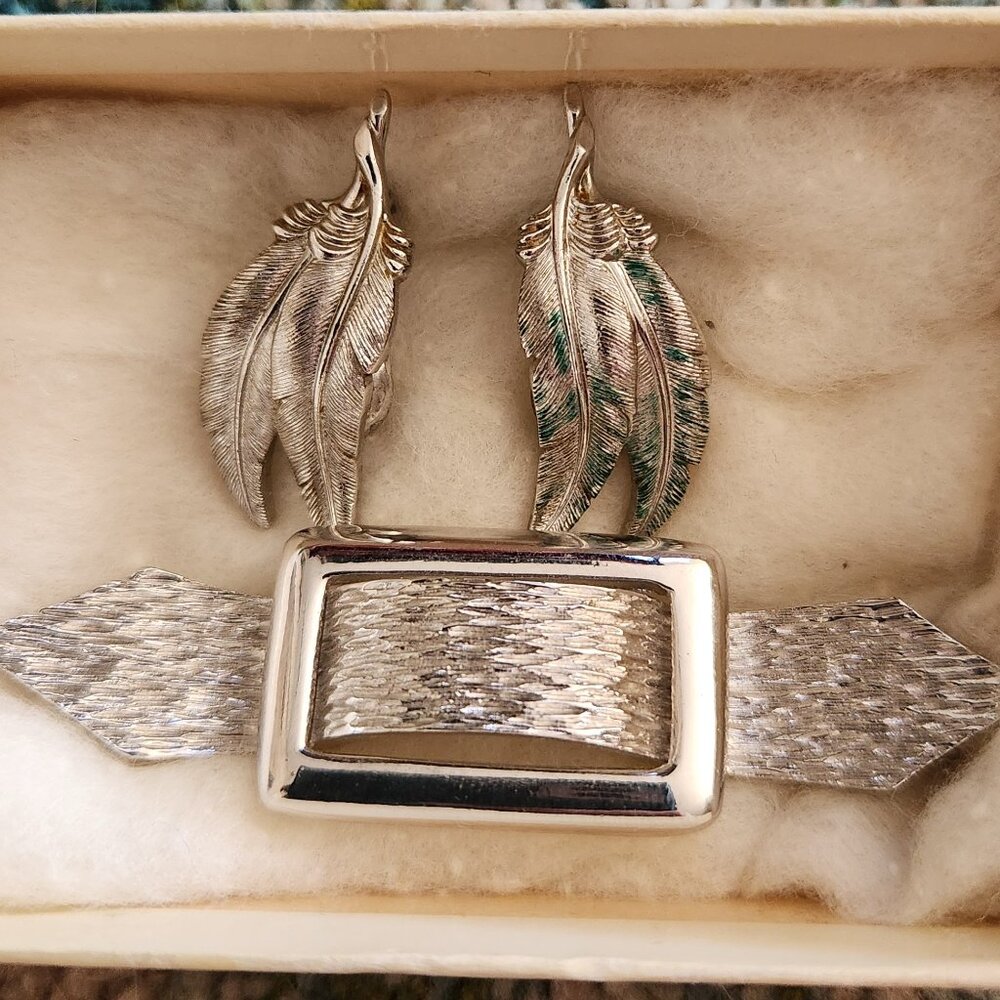 Vintage Monet Silver Feather clip on earrings & brooch
